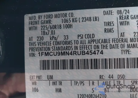 2024 Ford Escape St-Line из США, поврежденный, VIN 1FMCU9MN4RUB45474